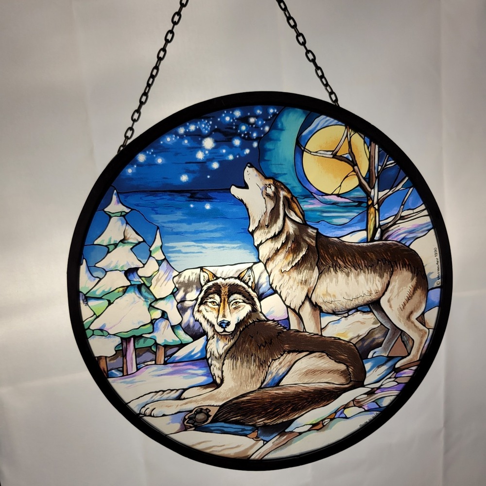 Vintage 1990 Glassmasters Howling Wolves Stained Glass Suncatcher 8.75" Wildlife
